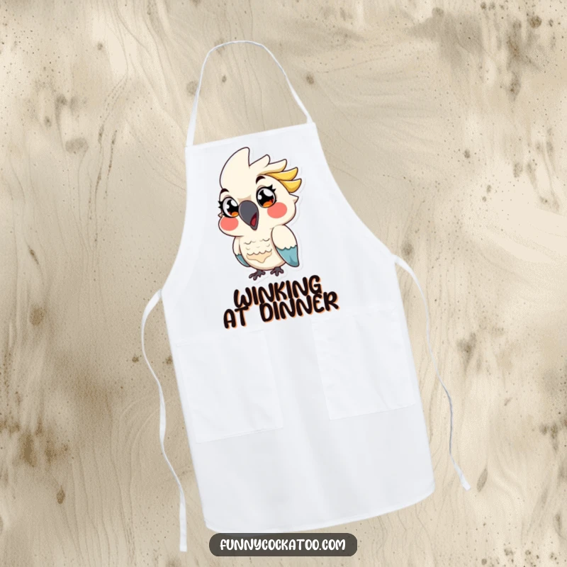 Funny cartoon cockatoo apron, exaggerated eyes, playful wink, mischievous kitchen accessory, a humorous and practical funny gift.