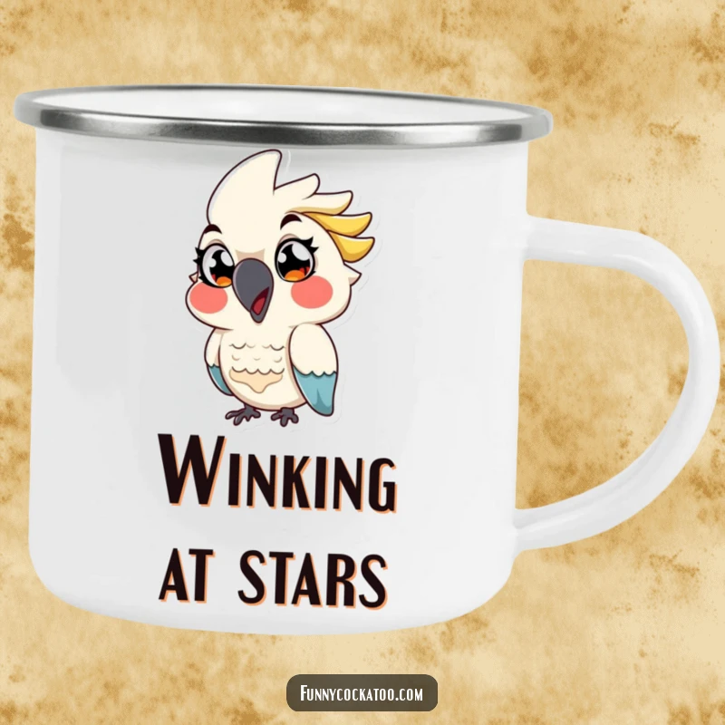 Funny cartoon cockatoo camping mug, exaggerated eyes, playful wink, mischievous outdoor mug, a humorous adventure funny gift.