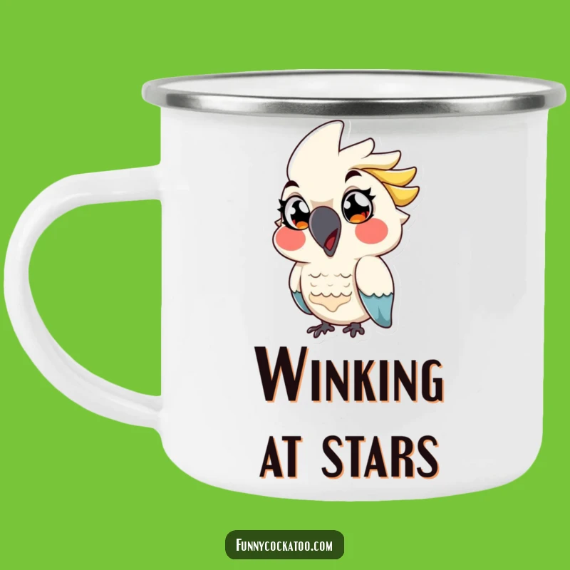 Funny Cockatoo Camping Mug: Winking Adventures, Exaggerated Eyes - Hilarious Outdoor Funny Gift