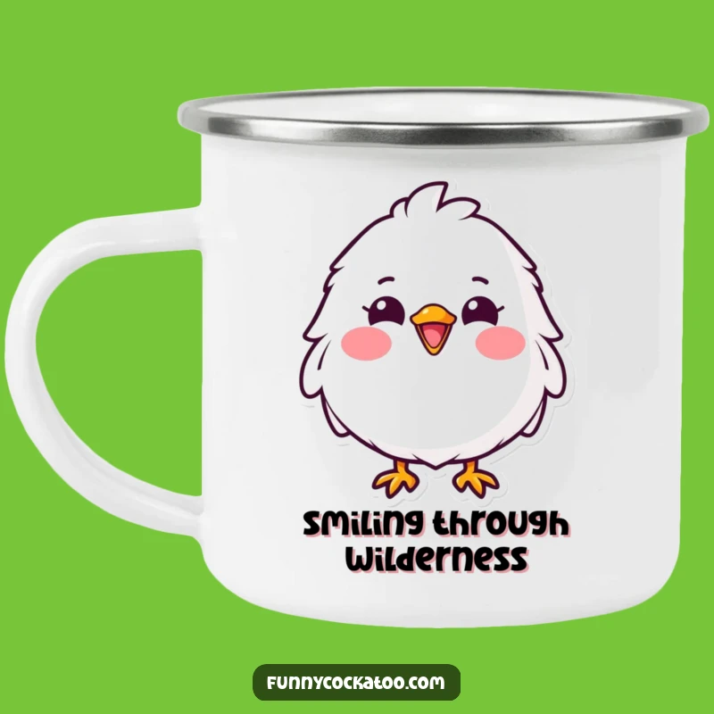 Funny Fluffy Bird Camping Mug: Cheerful Adventures, Pink Cheeks - Hilarious Outdoor Funny Gift