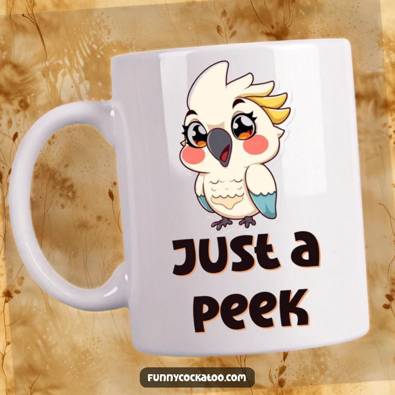 Funny cartoon cockatoo mug, exaggerated eyes, playfully winking, mischievous bird, perfect humorous gift.