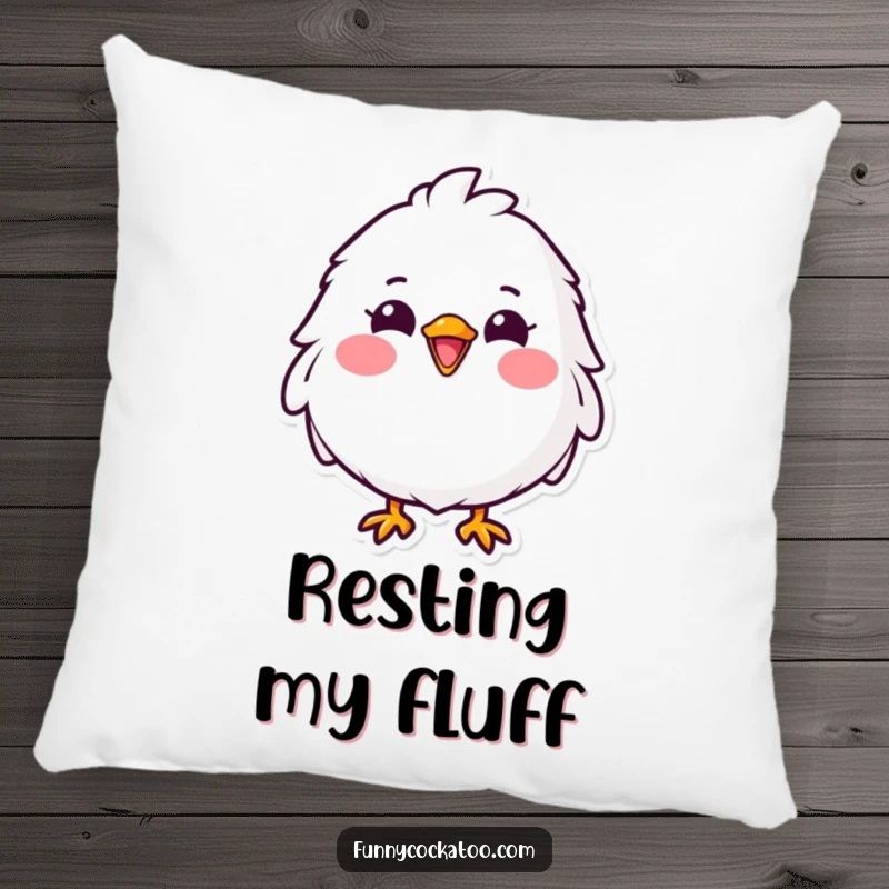 Funny fluffy white bird pillow, soft and huggable, wide cheerful grin, bright pink cheeks, a humorous home decor gift.