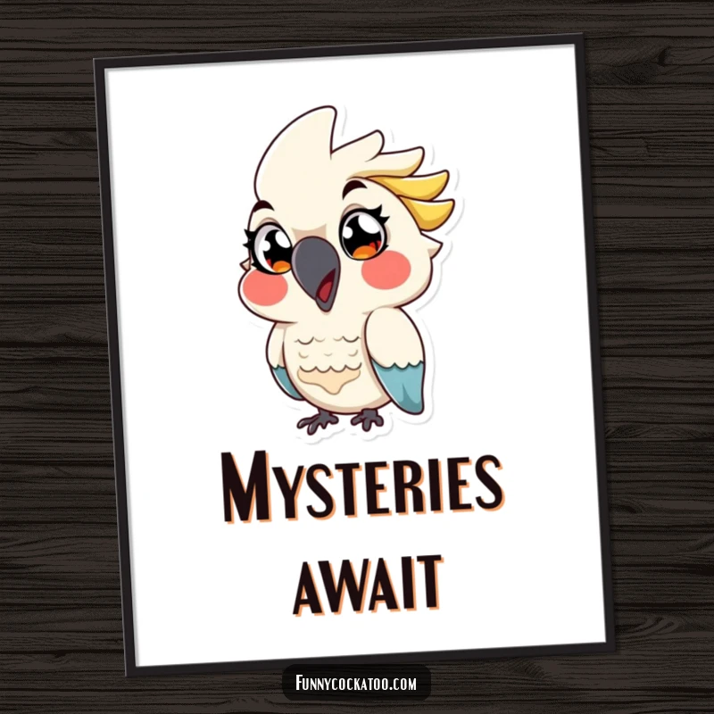 Funny cartoon cockatoo poster, exaggerated eyes, playful wink, mischievous bird art, a humorous wall decor gift.