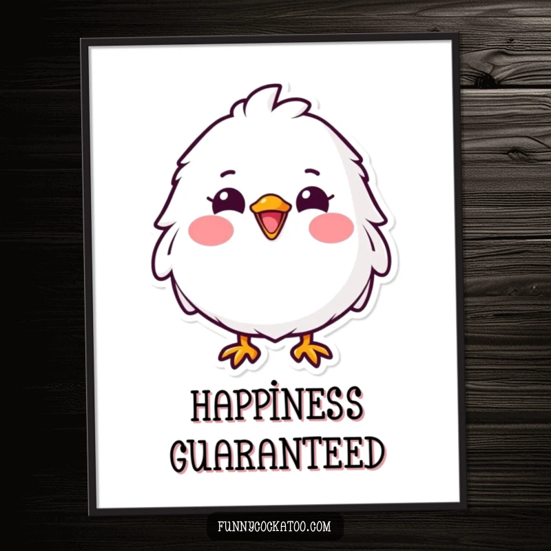 Funny fluffy white bird poster, wide cheerful grin, bright pink cheeks, happy and cute wall art, a humorous decorative gift.
