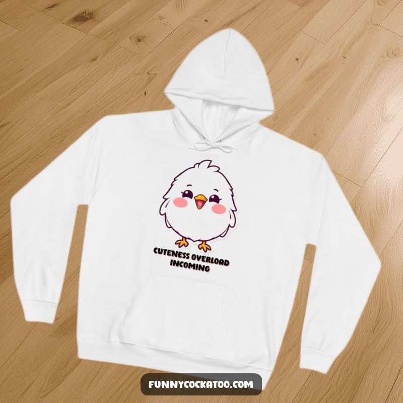 Funny fluffy white bird hoodie, cozy and cute, wide cheerful grin, pink cheeks, a warm and humorous apparel item.