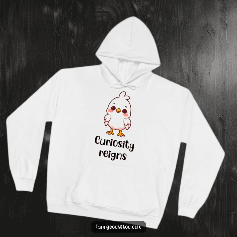 Funny cute fowl hoodie, head tilted curiously, small smile, cozy and charming, excellent comforting funny gift.