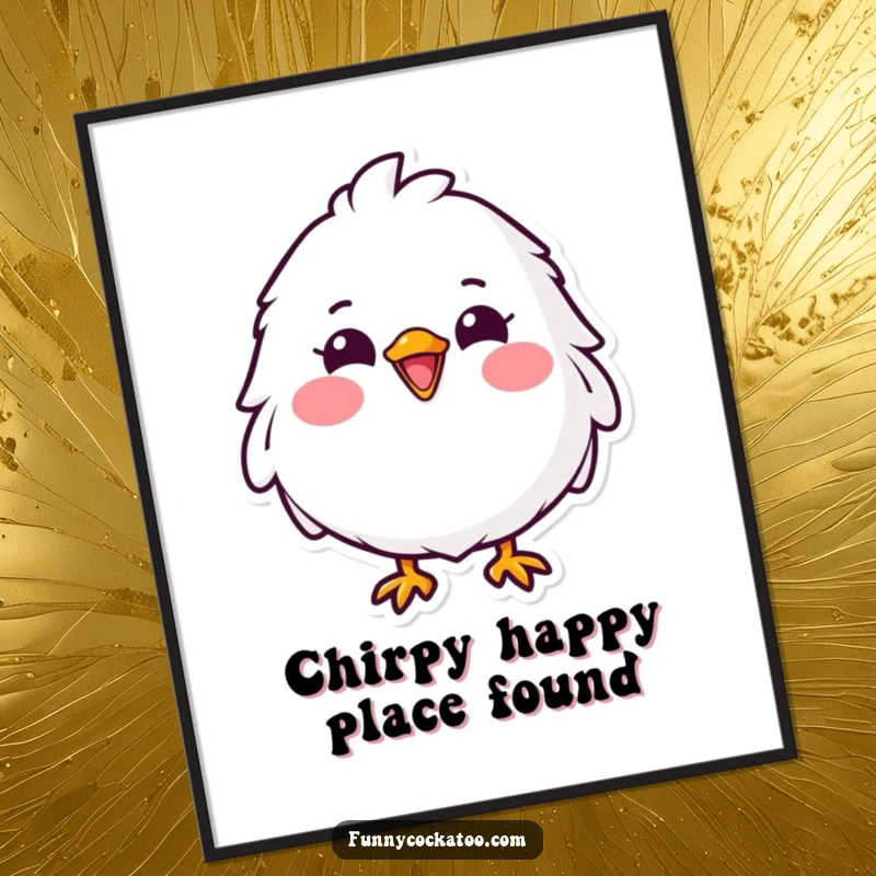 Funny Free Printable Wall Art: A fluffy white bird with an enormous grin and pink cheeks, radiating pure joy.