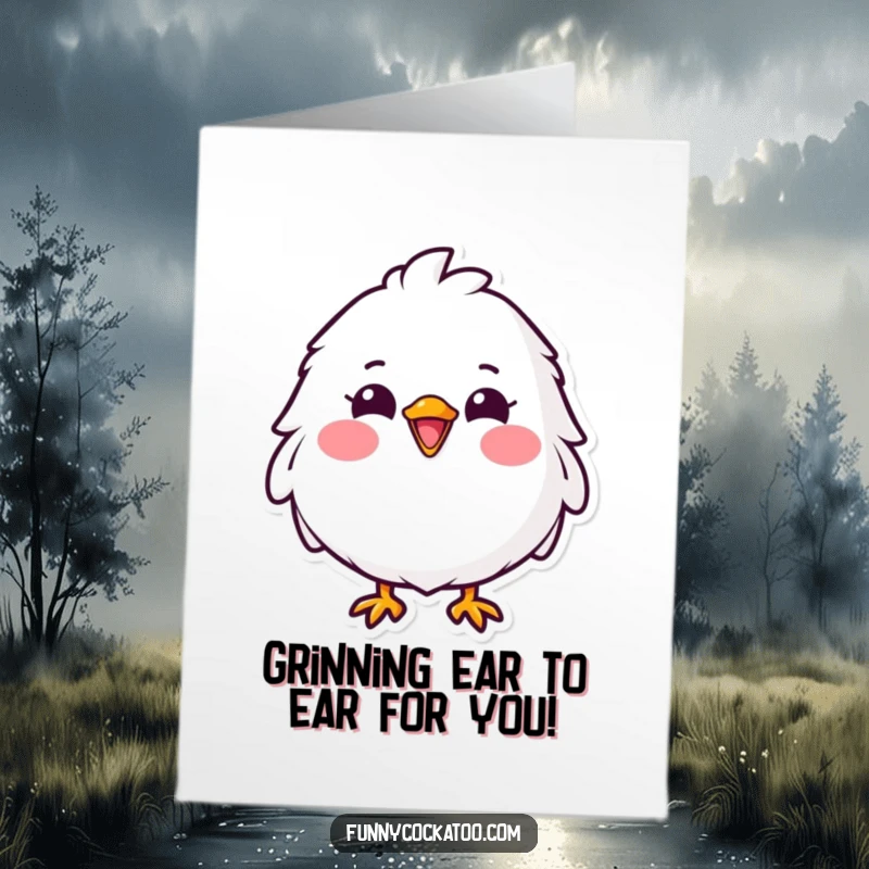 Funny Free Printable Congratulations Card: A fluffy white bird with a massive grin and pink cheeks, celebrating your success.