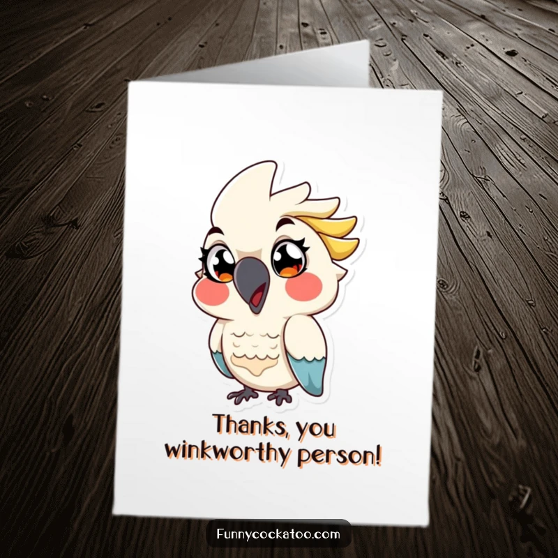 Funny Free Printable Thank You Card: A cartoon cockatoo with comically large eyes gives a playful wink, expressing thanks.