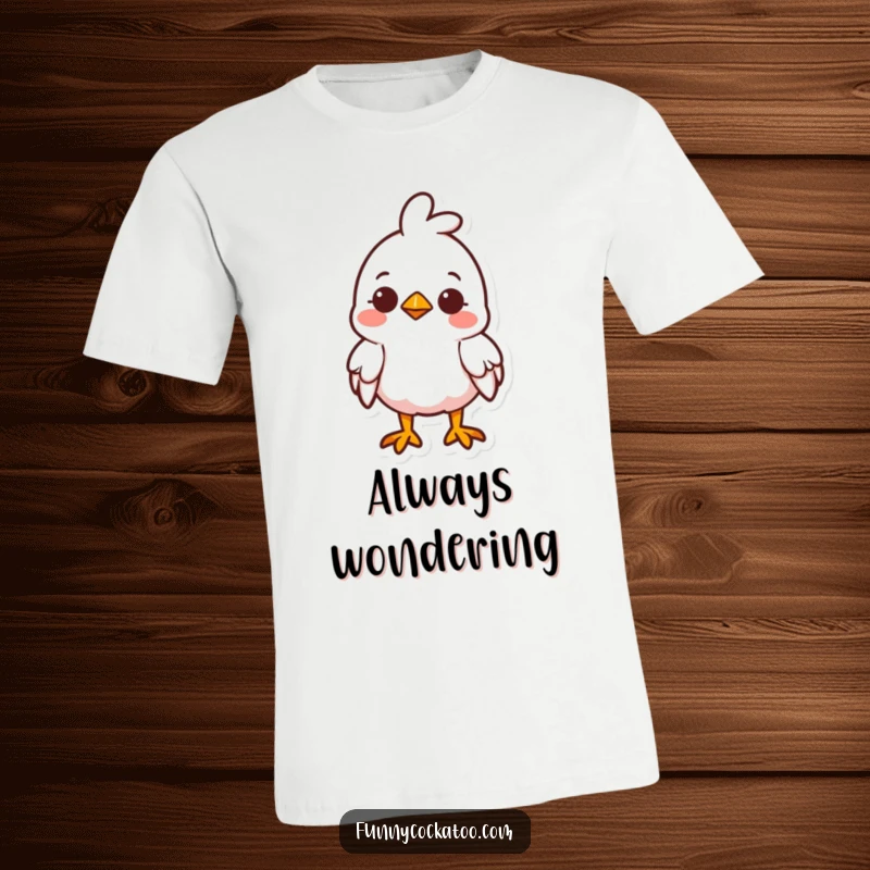 Funny cute fowl t-shirt, head tilted curiously, small smile, sweet and charming, perfect humorous apparel gift.