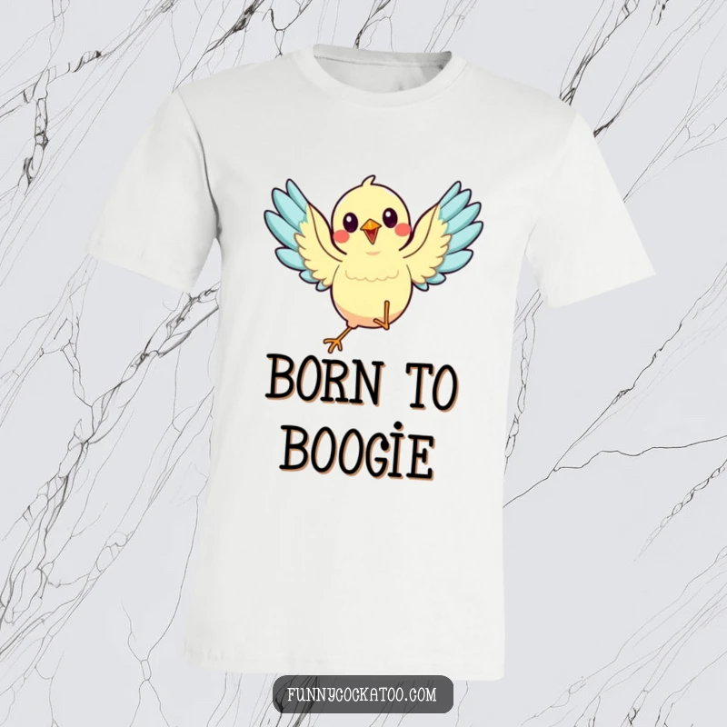 Funny animated bird t-shirt, wings spread, mid-dance, energetic and joyful, great humorous apparel gift.