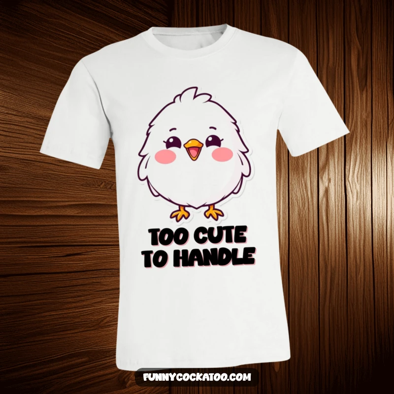 Funny fluffy white bird t-shirt, wide cheerful grin, bright pink cheeks, happy and cute, perfect humorous apparel gift.