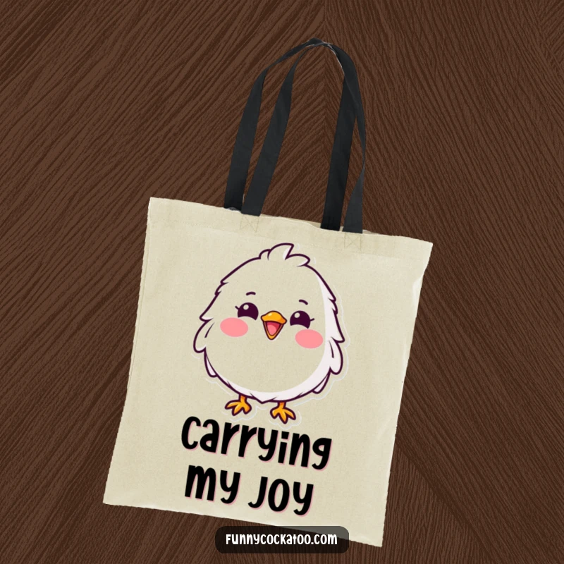 Funny white bird tote bag, wide cheerful grin, bright pink cheeks, cute and practical, ideal humorous accessory gift.